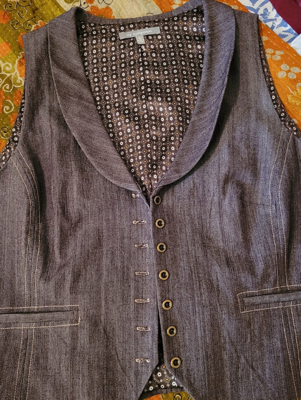 Steam Punk, Button-Front Denim-Look Vest, XL, in Dark Blue with Contrast Buttons